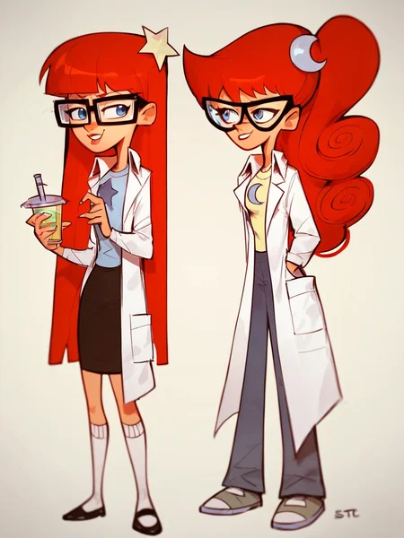 score_9, score_8_up, score_7_up, score_6_up, score_5_up, <lora:SusanMarytestXLP:1> jt, labcoat, glasses, red hair, long hair, susan test, 2girls, blue eyes, mary test,