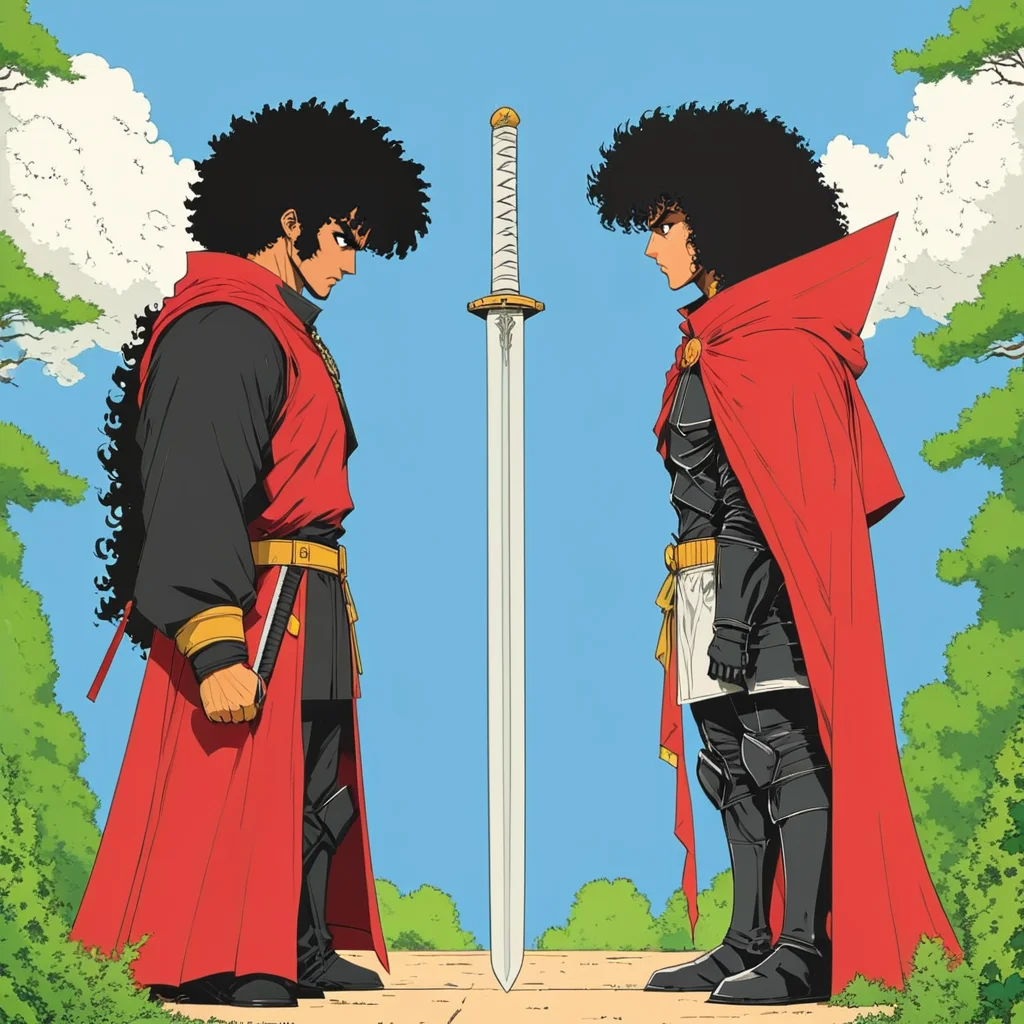 <lora:Retro_Anime_Flat_ColorsSDXL:1> ArsMJStyle, Retro Anime Flat Colors, The image shows two characters one with curly hair and the other with a sword. The character with the sword is standing in front of the other character who is wearing a red cloak and has a sword in his hand. The background shows a landscape with trees and bushes. The sky is blue and there are white clouds in the sky. The characters appear to be in a battle-ready stance with the man holding the sword and the woman standing next to him. The image is animated giving it a dynamic and action-packed feel., weapon, afro, guts (berserk), sword, 2boys, male focus, multiple boys, cape, black hair, armor