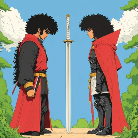 <lora:Retro_Anime_Flat_ColorsSDXL:1> ArsMJStyle, Retro Anime Flat Colors, The image shows two characters one with curly hair and the other with a sword. The character with the sword is standing in front of the other character who is wearing a red cloak and has a sword in his hand. The background shows a landscape with trees and bushes. The sky is blue and there are white clouds in the sky. The characters appear to be in a battle-ready stance with the man holding the sword and the woman standing next to him. The image is animated giving it a dynamic and action-packed feel., weapon, afro, guts (berserk), sword, 2boys, male focus, multiple boys, cape, black hair, armor