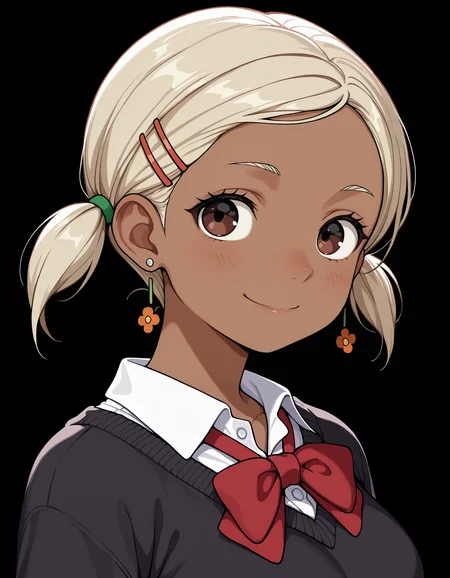 <lora:Muko Illu:1>
1girl, solo,
chrmk0, dark-skinned female, blonde hair, short hair, short twintails, brown eyes, hairclip, earrings, medium breasts,
dark sweater, collared shirt, bowtie,
upper body, smile,, masterpiece, best quality, amazing quality,, (simple background, black background:1.5),