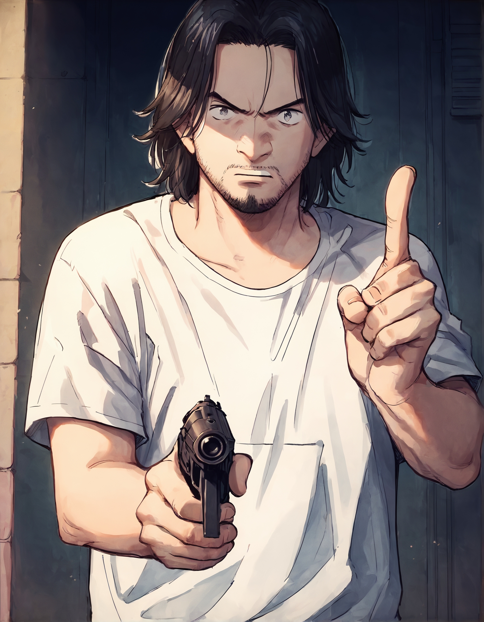 score_9, score_8_up, score_7_up,score_6_up,high resolution,upper body,n4a0kistyle,1boy,tenma kenzou,black hair,medium hair,facial hair,pointing,gun,solo,in a bedroom,shirt,in a street,masterpiece,pov