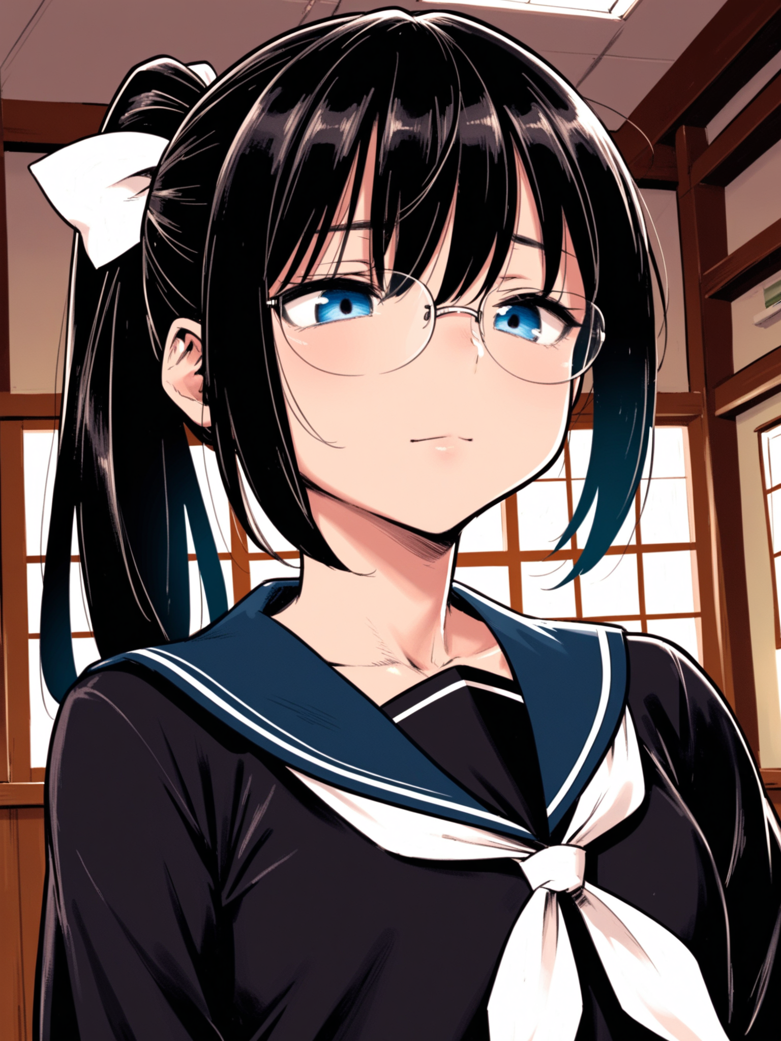 ht_halloweengirl, (flat chest:0.8), black hair, blue eyes, <lora:happy_tentacle-halloweengirl-v0.1-000045:0.8>, school uniform, black shirt, sailor collar, long sleeves, neckerchief, pleated skirt, serafuku, ponytail, hair bow, glasses , indoors, 1girl, solo, portrait , half-closed eyes , (torogao :1.1), , looking down , standing , facing viewer , score_9, score_8_up, score_7_up, score_6_up, score_5_up, score_4_up