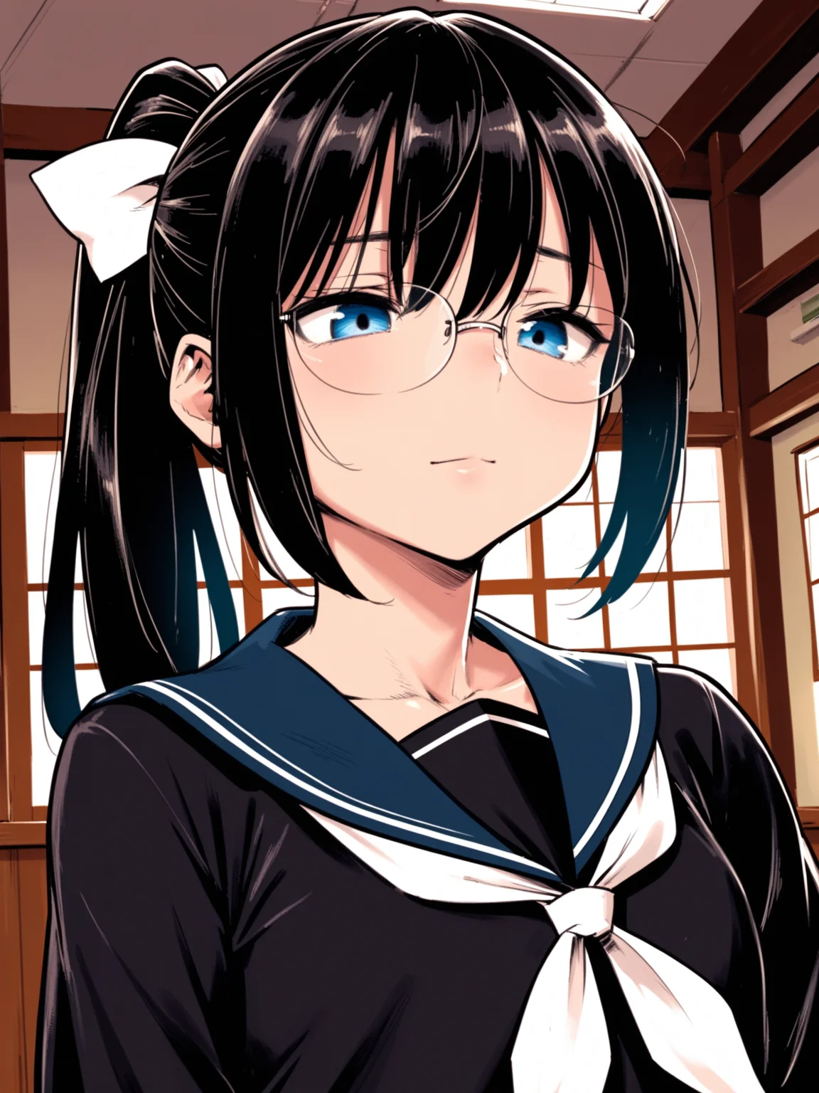 ht_halloweengirl, (flat chest:0.8), black hair, blue eyes, <lora:happy_tentacle-halloweengirl-v0.1-000045:0.8>, school uniform, black shirt, sailor collar, long sleeves, neckerchief, pleated skirt, serafuku, ponytail, hair bow, glasses , indoors, 1girl, solo, portrait , half-closed eyes , (torogao :1.1), , looking down , standing , facing viewer , score_9, score_8_up, score_7_up, score_6_up, score_5_up, score_4_up