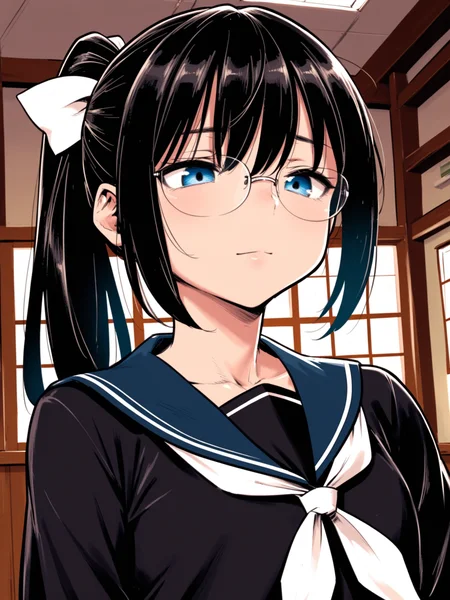 ht_halloweengirl, (flat chest:0.8), black hair, blue eyes, <lora:happy_tentacle-halloweengirl-v0.1-000045:0.8>, school uniform, black shirt, sailor collar, long sleeves, neckerchief, pleated skirt, serafuku, ponytail, hair bow, glasses , indoors, 1girl, solo, portrait , half-closed eyes , (torogao :1.1), , looking down , standing , facing viewer , score_9, score_8_up, score_7_up, score_6_up, score_5_up, score_4_up