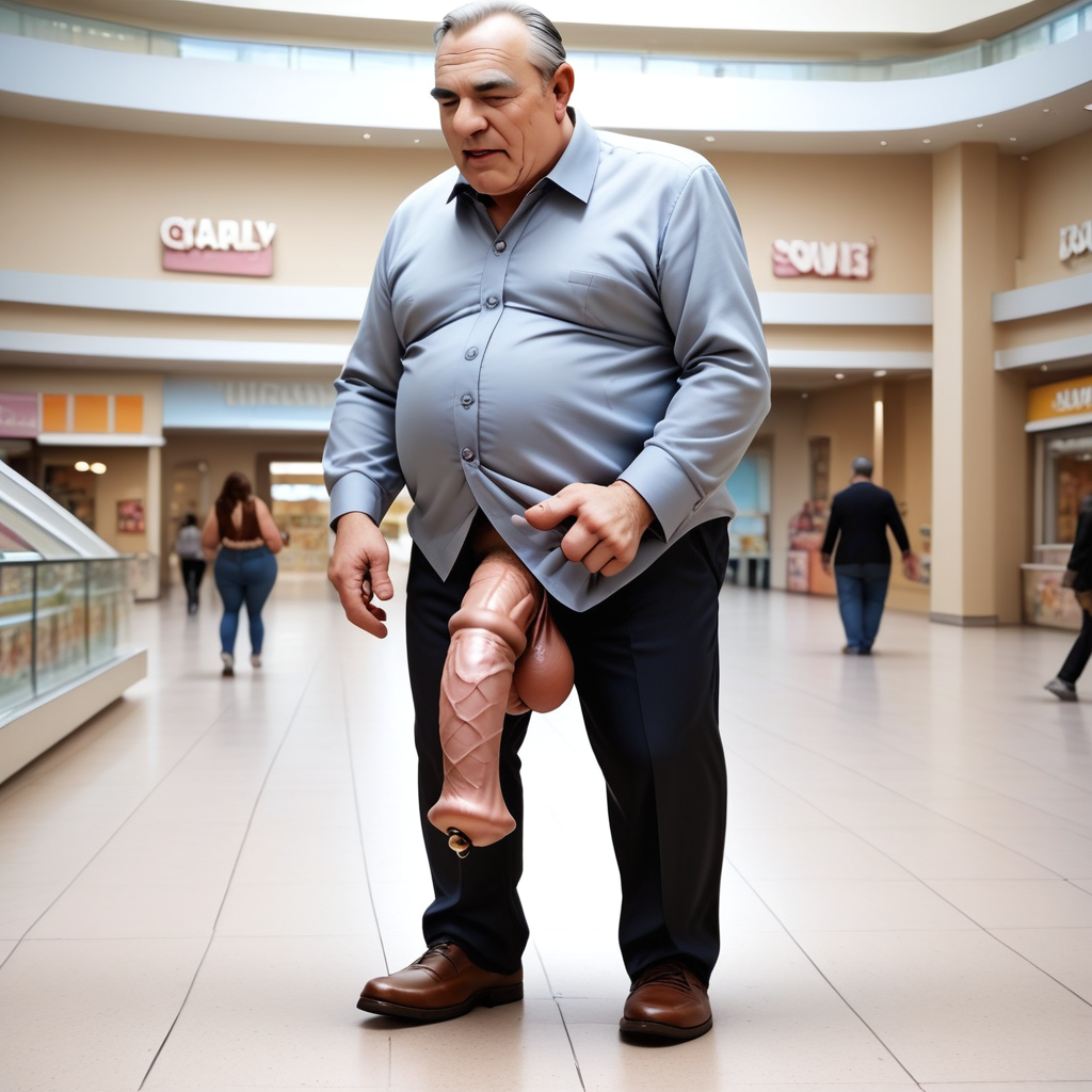 very old mature married man at the mall walking with his thick equinecock showing off, inserting finger into his urethra,