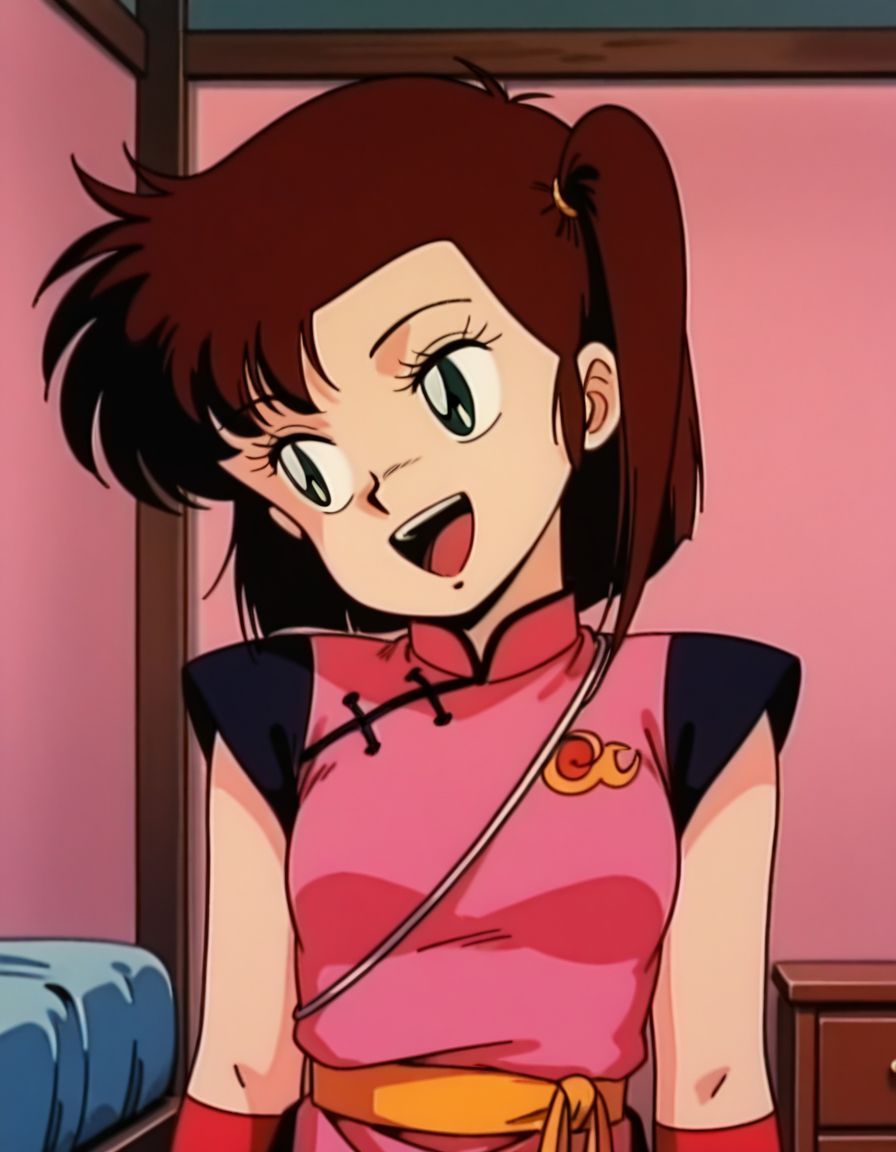 masterpiece, best quality, uncensored,  arms at sides, (head tilt), upper body, laughing, solo, bedroom, 
<lora:Yan0:1>, Yan0, 1girl, short hair, brown hair, green eyes, pink china dress, looking away, 1980s \(style\),