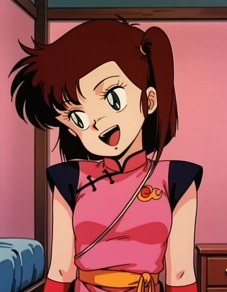 masterpiece, best quality, uncensored, arms at sides, (head tilt), upper body, laughing, solo, bedroom,
<lora:Yan0:1>, Yan0, 1girl, short hair, brown hair, green eyes, pink china dress, looking away, 1980s \(style\),