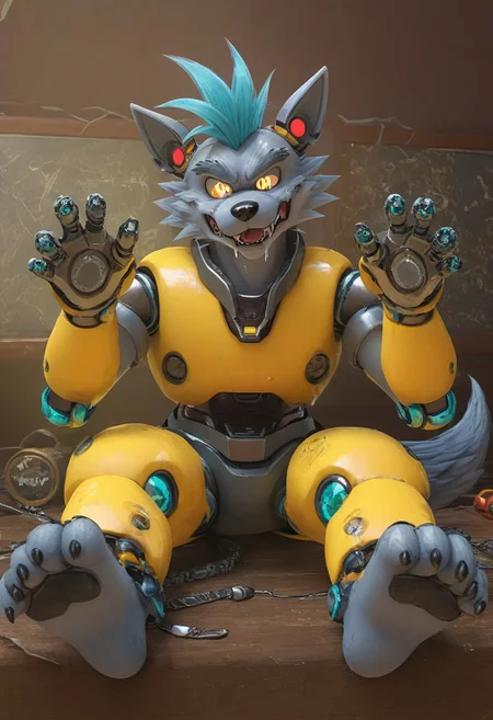 (((Barefoot furry character, full body, cinematic setting, furry male, plantigrade))), (((computer screens with green code, monitors with matrix code, displays with matrix design))), matrix.
(((Gilliam))), wolf boy, (((white pajama))), ((wired on his head, being hacked, being corrupted, being reprogrammed, brainwashed, hypnotised)), sitting, spread legs, m pose, footpose, nice metalic feet paws, ((nice robotic feet paws)),  three toes, claws, pawpad, (((restrained))), (((head tilted to the side, open mouth, dumb face, drooling)))
BREAK
(((gilliam wolf, evil eye, sharp, red fluff tail, cyan hair, robot, cybernetic wolf, metallic))), 
BREAK, intricate details, highly detailed, extreme detail, octane render, fine art, best quality, highres, (detailed face:1.5), ((full_body)), UHD, (((perfect hands))), low light