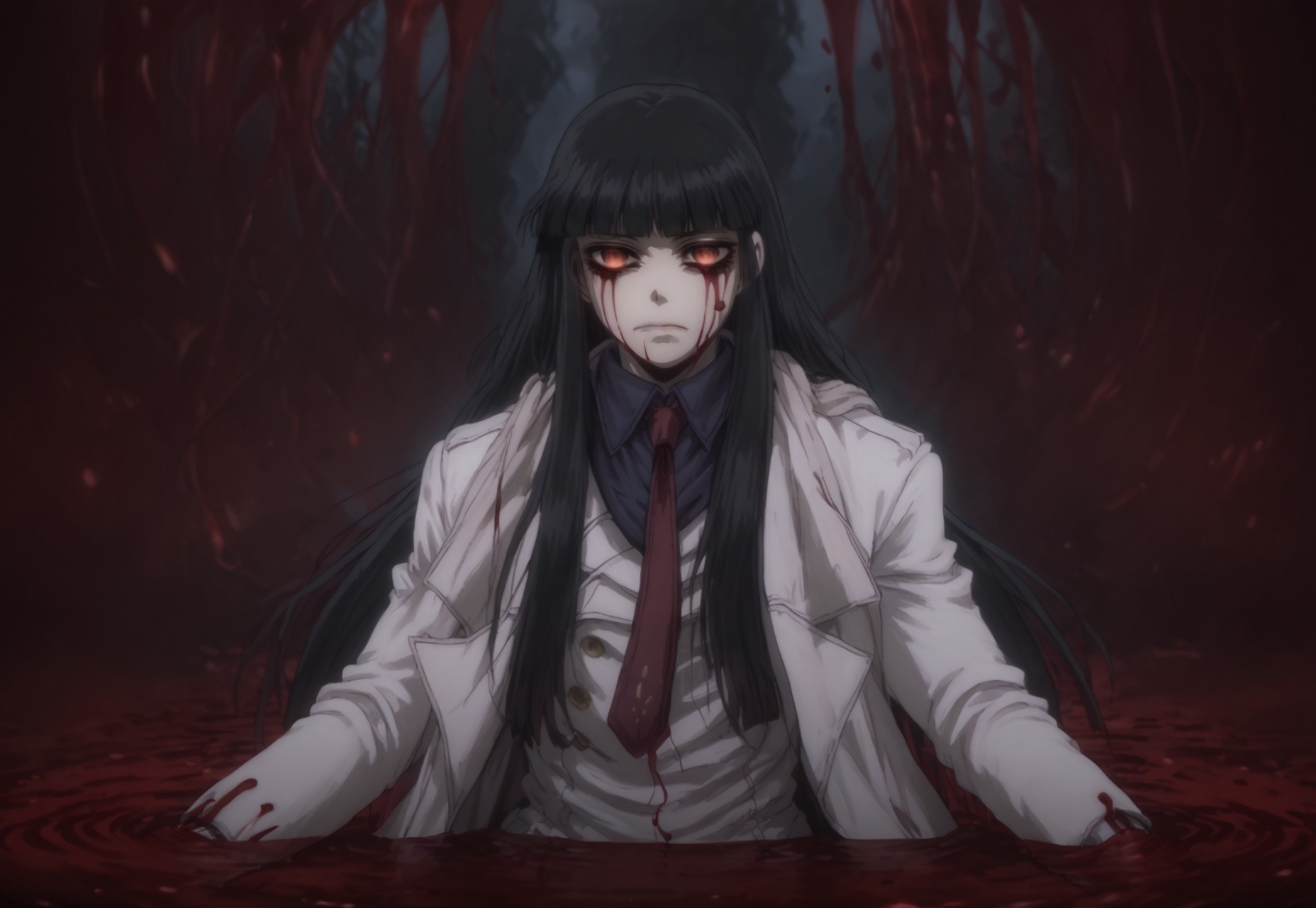 (score_9:0.9),score_8_up,score_7_up,rating_safe,anime style,(zPDXL), girlycardXL11, red eyes, black hair, long hair, blunt bangs, scarf, blue shirt, red necktie, white jacket, white coat, white gloves, white pants, empty eyes, blood stained clothes, ((closed mouth)), BREAK
pond of blood,Reflections,bloody tears,Blood Bath,reflected in pond,reflected in blood, BREAK
Dark room, sitting curled up, curled up,