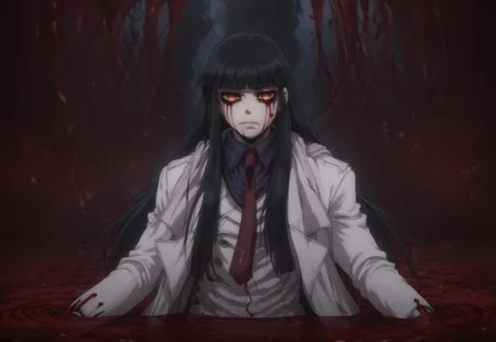 (score_9:0.9),score_8_up,score_7_up,rating_safe,anime style,(zPDXL), girlycardXL11, red eyes, black hair, long hair, blunt bangs, scarf, blue shirt, red necktie, white jacket, white coat, white gloves, white pants, empty eyes, blood stained clothes, ((closed mouth)), BREAK
pond of blood,Reflections,bloody tears,Blood Bath,reflected in pond,reflected in blood, BREAK
Dark room, sitting curled up, curled up,