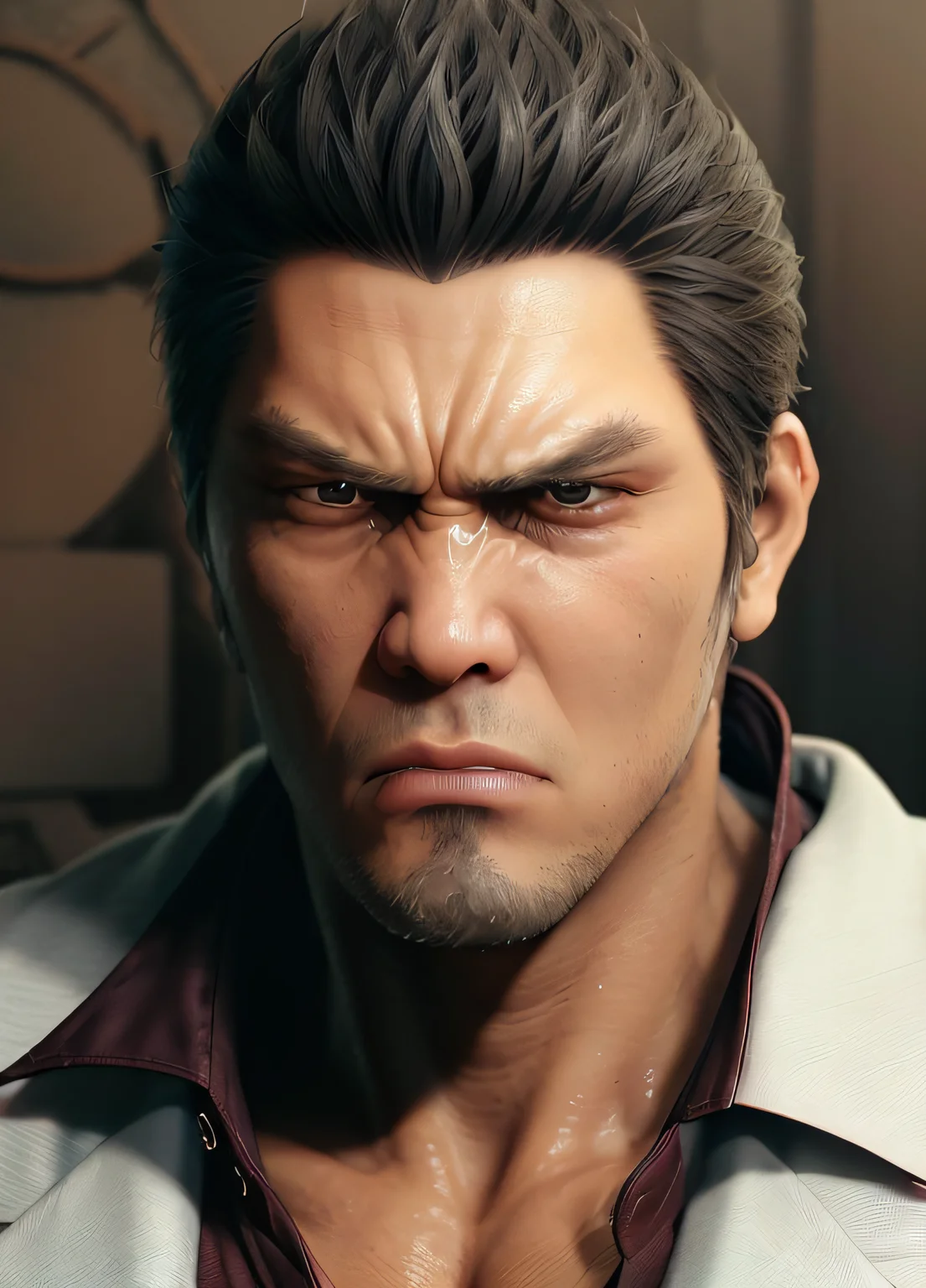 (SFW,8k, RAW photo, best quality, masterpiece:1.2),(realistic, photo-realistic:1.37),1 mature man ,(((angry,portrait,white clothes))), facial close-up <hypernet:kiryu:1>
