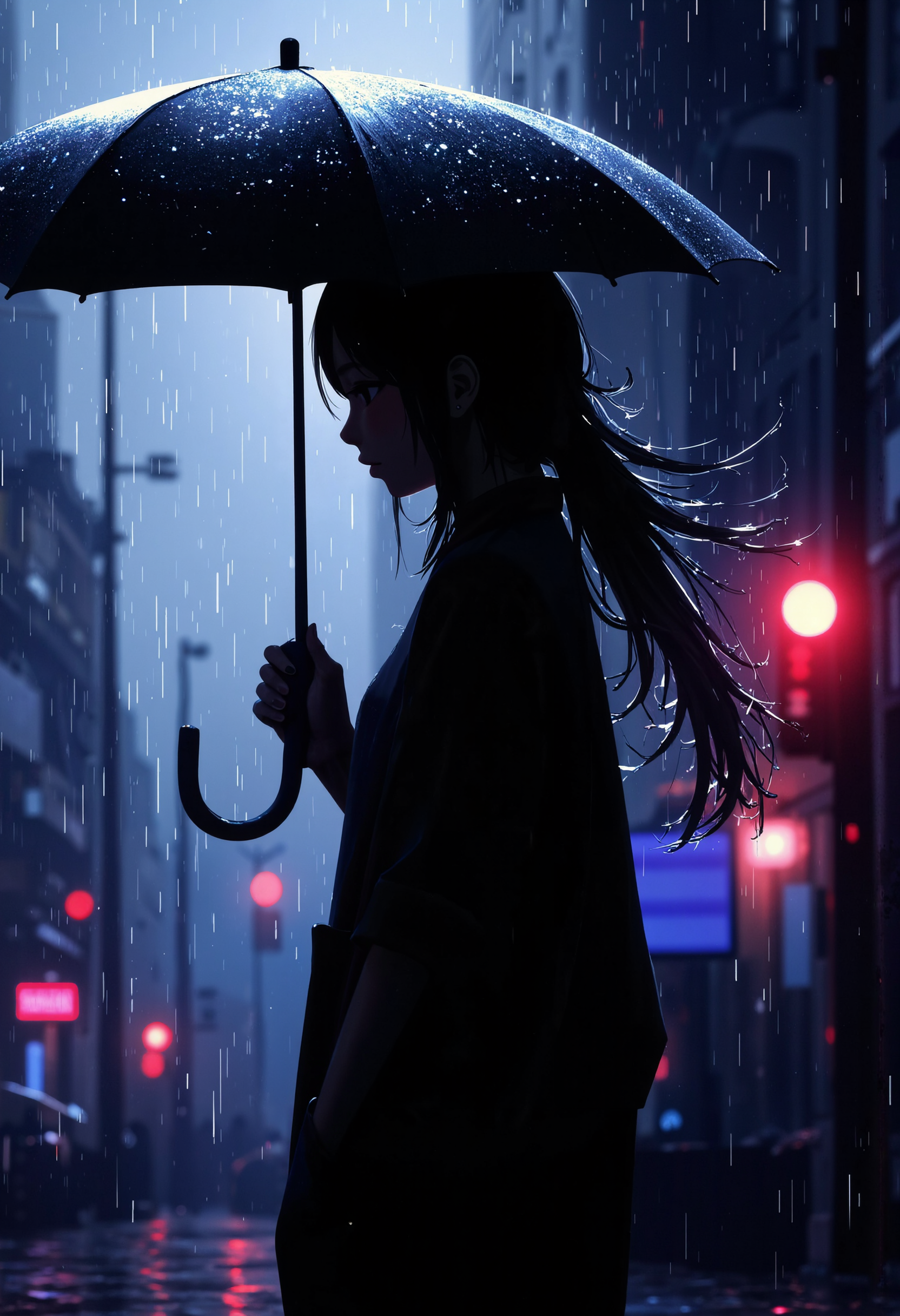 p0st_1mp4ct style, 8k Midjouney Anime Style, 1girl, solo, long_hair, holding, upper_body, outdoors, from_side, profile, umbrella, backlighting, rain, holding_umbrella, water_drop, silhouette, dark, colorful, psychedelic,surreal,cowboy shot <lora:Evangelion_Post-impact_Apocalyptic_Style_Flux.1_D_by_AutoPastel-000019:0.38> <lora:Hand v2:0.99> <lora:Dark_Gray_Photography_flux:0.22> <lora:8k Midjouney Anime Style:0.83>