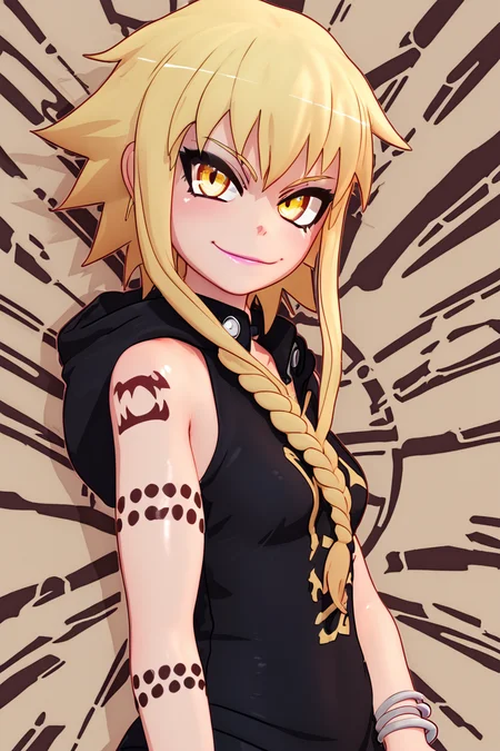 score_9, score_8_up, score_8, medium breasts, (curvy), cute, eyelashes, BREAK, , zzMedusa, blonde hair, long hair, braid, yellow eyes, tattoo, hood, jewelry, bracelet, sleeveless, nail polish, hoodie, braid, black nails, <lora:Medusa_SoulEater_PDXL_v2:1.0>, BREAK, smile, closed mouth, looking at viewer, cowboy shot, ,,, embedding:zPDXL, Expressiveh, ,,, <lora:MantisStyle_PDXL_v2:0.8>, <lora:SDXLFaeTastic2400:0.5>, <lora:Expressive_H-000001:0.4>,