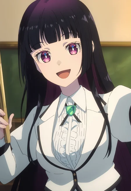 <lora:Kurogane_Otoha-pony:1>,
Kurogane Otoha,solo,smile,open mouth,:d,jacket,holding,shirt,looking at viewer,upper body,school uniform,white shirt,white jacket,collared shirt,hime cut,