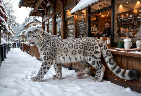 scenic, wide angle, panoramic, (feral snow leopard male with a (((tuft of short gray hair:1.2))), blue eyes, enjoying a cup of coffee at a cafe), fluffy paws, snow leopard tail, pink nose, digitigrade, detailed paws, realistic paws, thick, fluffy, athletic, muscular, pawpads, cafe, coffee shop, espresso, public, customers, crowded, winter, cozy, warm lighting, score_9_up, score_8_up, score_7_up, score_6_up, score_5_up, score_4_up, hair on feral, (cozy cafe background), detailed background, ral-fluff