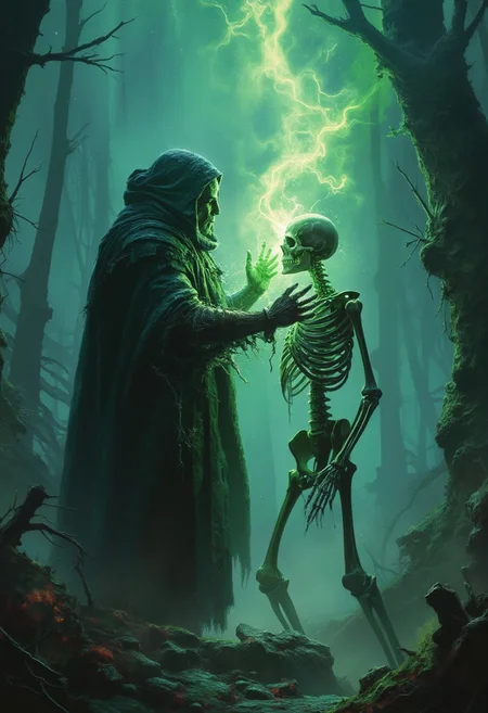 detailed photorealistic image, close up of skeleton warrior raising, its skeleton head its tilted back getting atached to its skeleton body by necrotic green magic, night, twisted woods, tundra, aurora borealis , directional lighting, masterpiece, perfect composition, ,drkfnts style