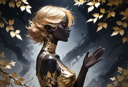 zPDXL3, ((score_9, score_8_up, score_7_up)), masterpiece, detailed, perfect face, perfect anatomy, 1boy, Cyrus the great, elven ears, slim body, black skin, golden dress, reaching, flower tree, silhouette_with_gold_foil, abstract, metallic shine, from side, dark background, Korosh