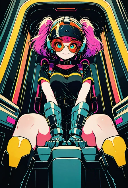 masterpiece, best quality, solo, curvy, beautiful eyes, narrow waist, wide hips, 1girl, solo, smile, looking at viewer, dynamic angle, foreshortening, close up,    t-shirt, tinted eyewear,  <lora:80sPopStyle_IXL_v1:1.0>,  [Mecha Pilot Prodigy], plug suit, reinforced neck collar, magnetic boots, control gauntlets, chest harness, visor helmet, oxygen pack, cockpit interior, status screens, determined gaze,