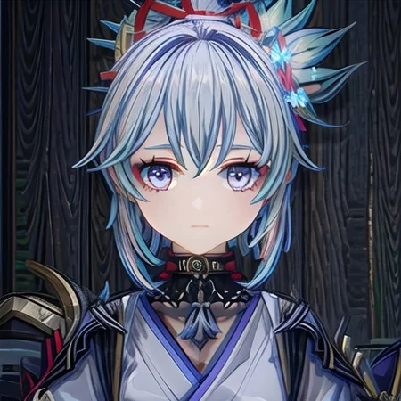 GenshinAvatar, (a girl with long light blue hair in a braided ponytail with a flower hairclip on it hair has split bangs, and blue eyes eyes,hydro character,hydro inazuma vison,wearing a blue kimono with a collar,outfit with blue charms and gems.:1.4), highly_detailed, illustration, portrait, (((masterpiece))),(((bestquality))), (black_background:1.4), simple_background, <lora:GenshinAvatarV2:1>