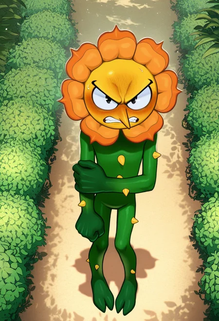 solo, male, plantform, plant boy, 1boy, CagneyCarnation, (orange petals:1.1), yellow face, pointy nose, pac-man eyes, detailed face, perfect eyes, black eyes, large head, round face, masterpiece, hires, absurdres, newest, perfect quality, best quality, ultra-detailed, detailed background, intricate details,
frown, teeth, (embarrassed:1.2), blush, narrowed eyes, half-closed eyes, looking up at viewer, looking at viewer, angry eyebrows, blush, tsundere, cartoonish anthropomorphic flower, orange bloom, green body, plant-like design, leafy hands, leafy feet, feet resemble leafy vines, (yellow thorns, body thorns:1.2), green stem-like body, (slim, skinny:1.1), narrow hips, full body, standing, slouching, arm at side, holding own arm, clenched hand, pigeon toed, no penis, cocked hip, sweatdrop,
BREAK
outdoors, (garden:1.1), bloom, dappled sunlight, high-angle view, from above, shadow, detailed shading, light particles, pollen,
