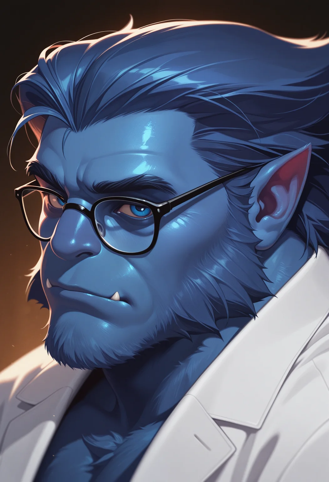masterpiece, best quality, amazing quality, 1boy, solo, beastxm, face focus, labcoat, glasses