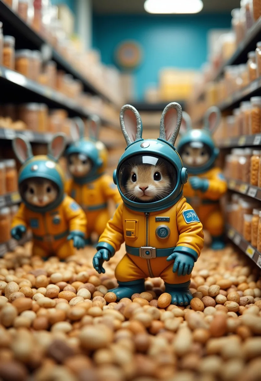 a bunch of tiny micro space angry bunnies wearing yellow and blue space suit, with a round helmet with metalic rabbit ears, making a mess in a supermarket nuts section, funny, playful, high-speed action shots. intense cinematic wide angle , raw, analog blankmj l10nhe43t