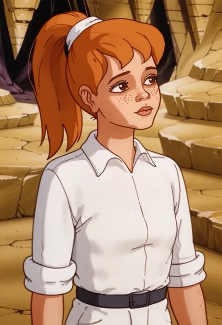 score_8, amba, 1girl, solo, ponytail, orangee hair, white shirt, white pants, sleeves rolled up, collared shirt, 1980s, freckles, white scrunchie, black belt, white footwear, brown eyes, interior, cave,