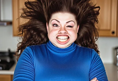 A medium shot photograph of a curvy woman Gina with medium length hair standing in a kitchen. She has curly brown hair, lots of freckles on her nose and forehead, and brown eyes. Shortstack. She is curvy and voluptuous. She is wearing a blue turtleneck sweater that accentuates her breasts. She has wide nostrils and a beautiful large smile. plump lips. w1nd8l0wn photo of a squinting woman's perfect teeth. windy. She is wearing lipgloss. big wide open mouth. stretchy flappy lips fully exposing gums and teeth. She is leaning on a counter with her arms crossed, with a flirty look. realistic. high-definition.