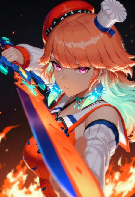 takanashi kiara \(1st costume\), sword, holding sword, upper body, serious, looking at viewer, dark, fire, foreshortening, depth of field, incoming attack, from side, very awa, masterpiece, best quality, highres, absurdres