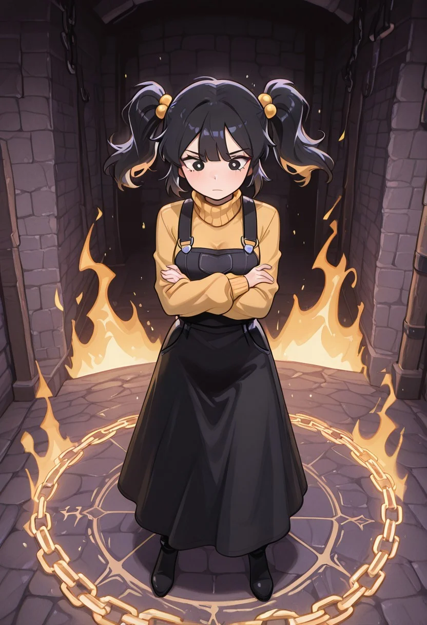 masterpiece, best quality, amazing quality, very aesthetic, absurdres, newest, detailed background, foreground blur, (( cartoon, )),
cassidyfnaf, 1girl, twintails, black hair, hair ornament, long sleeves, yellow sweater, hair bobbles, turtleneck sweater, black overalls dress, medium breasts,
chain, magic chain, in dungeon, aura, golden fire, attacking, crossed arms, floating,