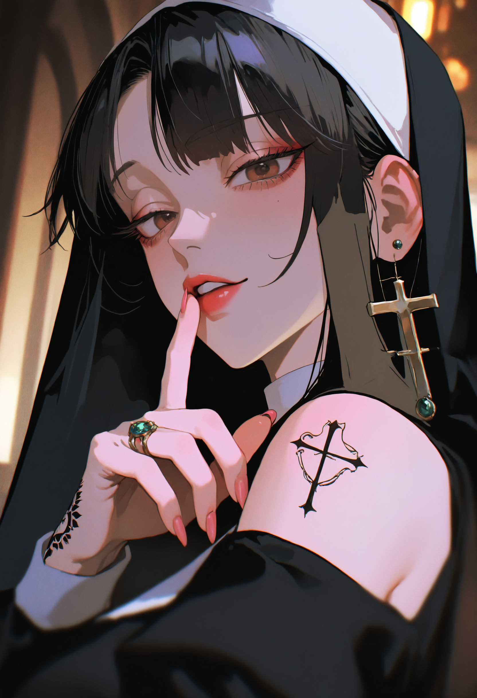 masterpiece, best quality, newest, absurdres, highres, very awa, anime screencap, film grain, painting \(medium\), ambient occlusion, depth of field, intricate background, abstract background, bXVrd, 1girl, fingernails, cross, jewelry, solo, pink nails, nun, tattoo, earrings, cross earrings, bare shoulders, hand tattoo, long fingernails, looking at viewer, nail polish, habit, finger to mouth, coif, traditional nun, ring, black hair, arm tattoo, latin cross, brown eyes, lips, portrait, eyelashes, body writing, nose, pink lips, red lips, makeup, sharp fingernails,