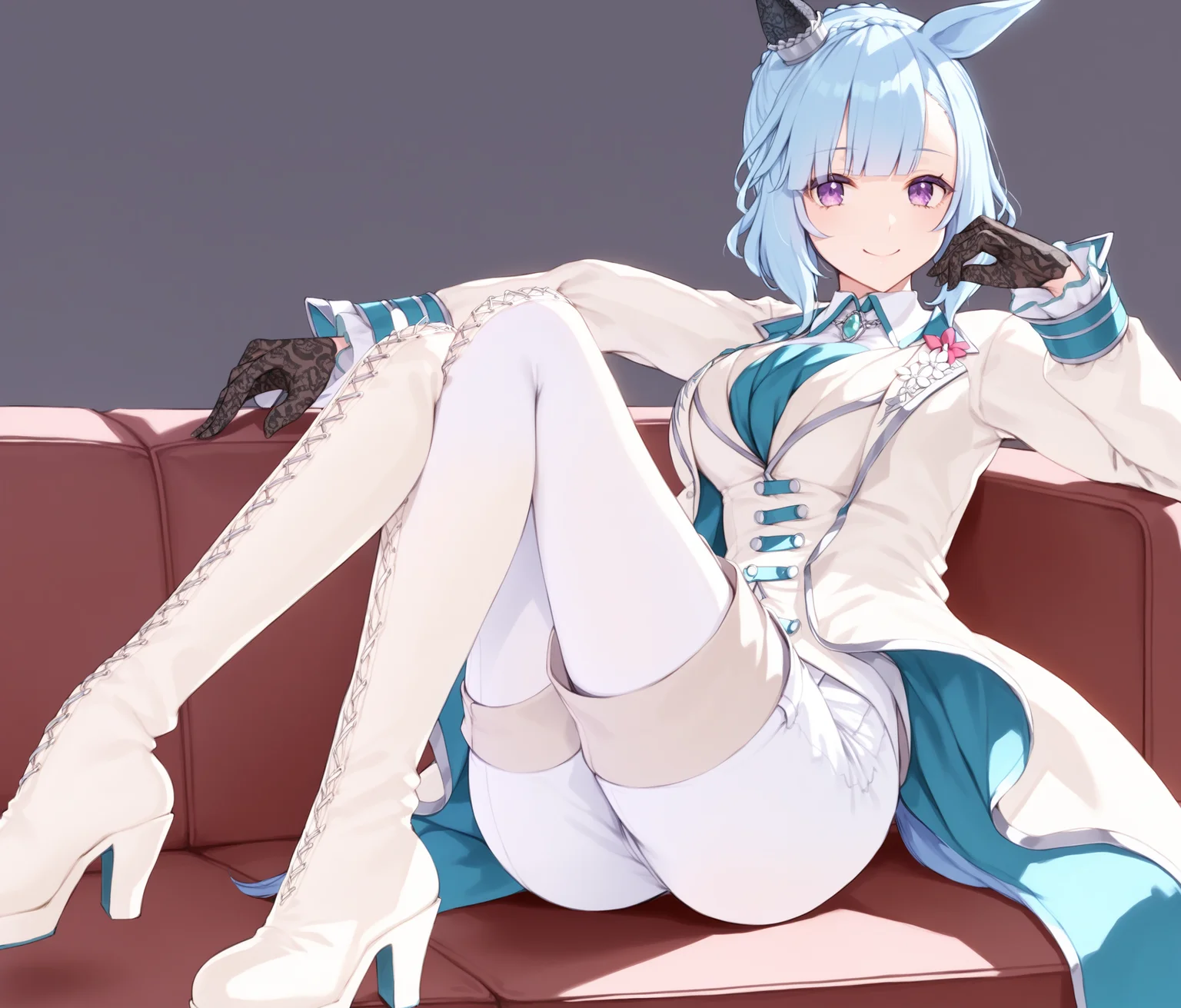 score_9, score_8_up, score_7_up, source_anime, 2D, anime BREAK
NE, 1girl, solo, purple eyes,
looking at viewer, smile, bangs, thighhighs, gloves, long sleeves, animal ears, sitting, closed mouth, blue hair, purple eyes, jacket, braid, boots, shorts, black gloves, high heels, thigh boots, white footwear, white jacket, (crossed legs), horse ears, black background, horse girl, couch, high heel boots, white pants, on couch, half updo, short hair,
<lora:mejiro_ardan-ponyXL-000006:1>,