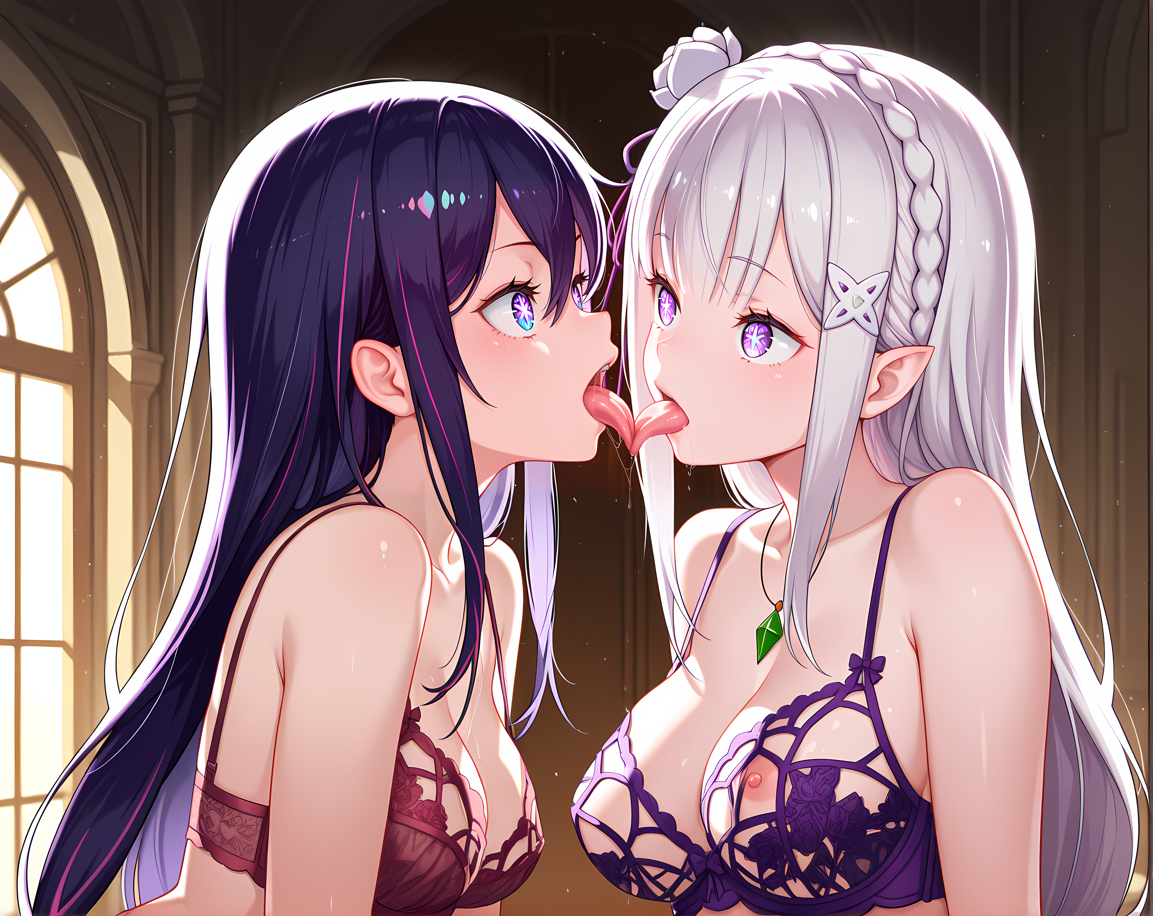 <lora:French_Kiss:0.7>,frks,intertwined tongues,emilia \(re:zero\),hoshino ai,upper body,breasts,lingerie,, masterpiece,best quality,amazing quality, very aesthetic, absurdres,detailed eyes,ultra-detailed,