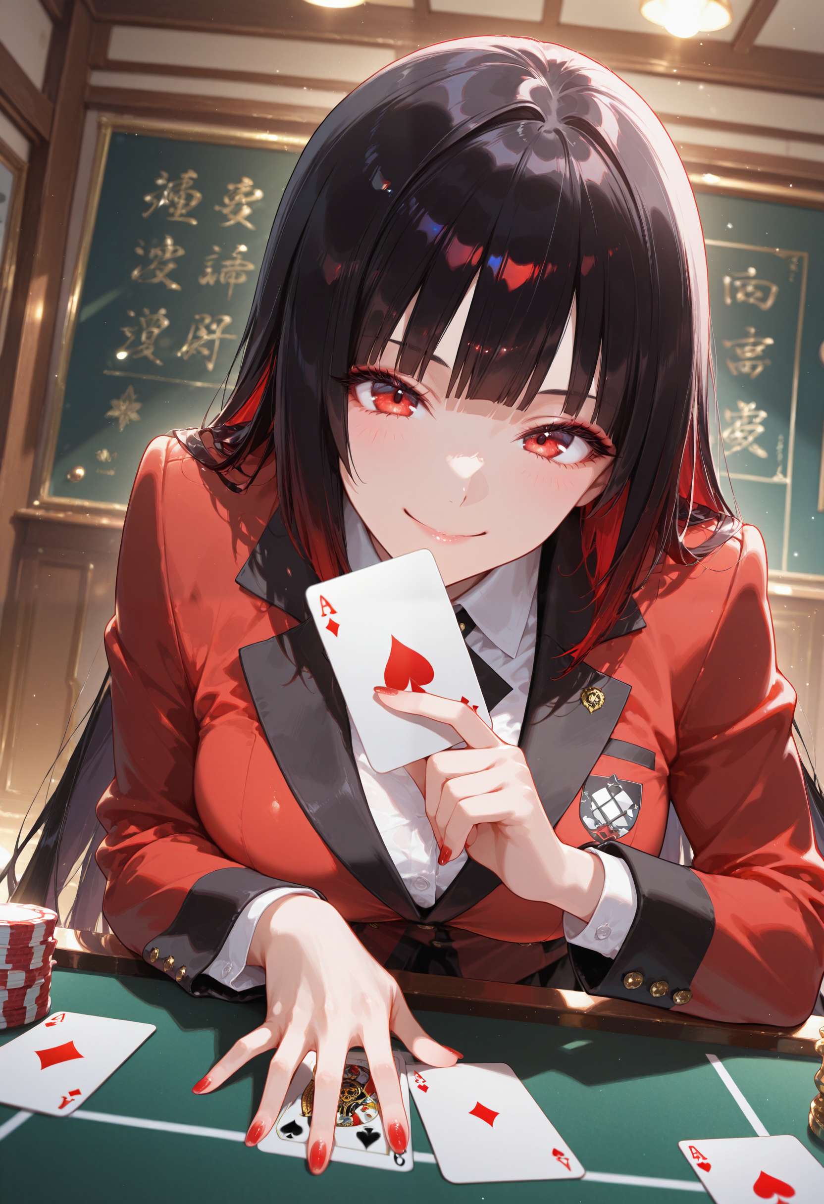 (embedding:IL-Smooth Quality:0.500), High quality, beautiful, best quality, newest, absurdres, highres, high resolution, very aesthetic, soft shadows, ambient occlusion, ray tracing, official art, unity 8k wallpaper, ultra detailed, beautiful and aesthetic, close shot of a woman playing cards on a table in a high school uniform, 1girl, jabami yumeko, black hair, black skirt, blazer, blunt bangs, cards, hime cut, holding card, hyakkaou academy school uniform, red jacket, long hair, looking at viewer, playing cards, red eyes, red nails, school uniform, shirt, black skirt, smile, solo 8k, (Max resolution:0.98), (Masterpiece:0.98), (extremely detailed:0.98)