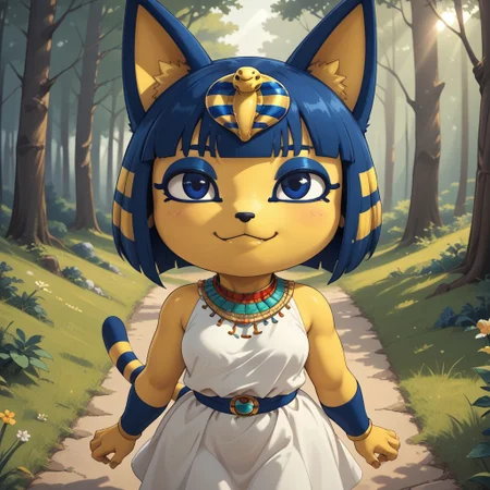 score_9, score_8, BREAK, solo, Ankha_The_Cat_(Animal Crossing), black_eyes, blue_hair, short_hair, yellow_skin, cat_girl, large_breasts, shortstack, shiny_skin, short_dress, white_dress, sleeveless, jewelry, self portrait, smile, looking at viewer, outdoors, sunlight, shadows, evening lighting, natural lighting, forest, trees, grass, orange sky, sunset