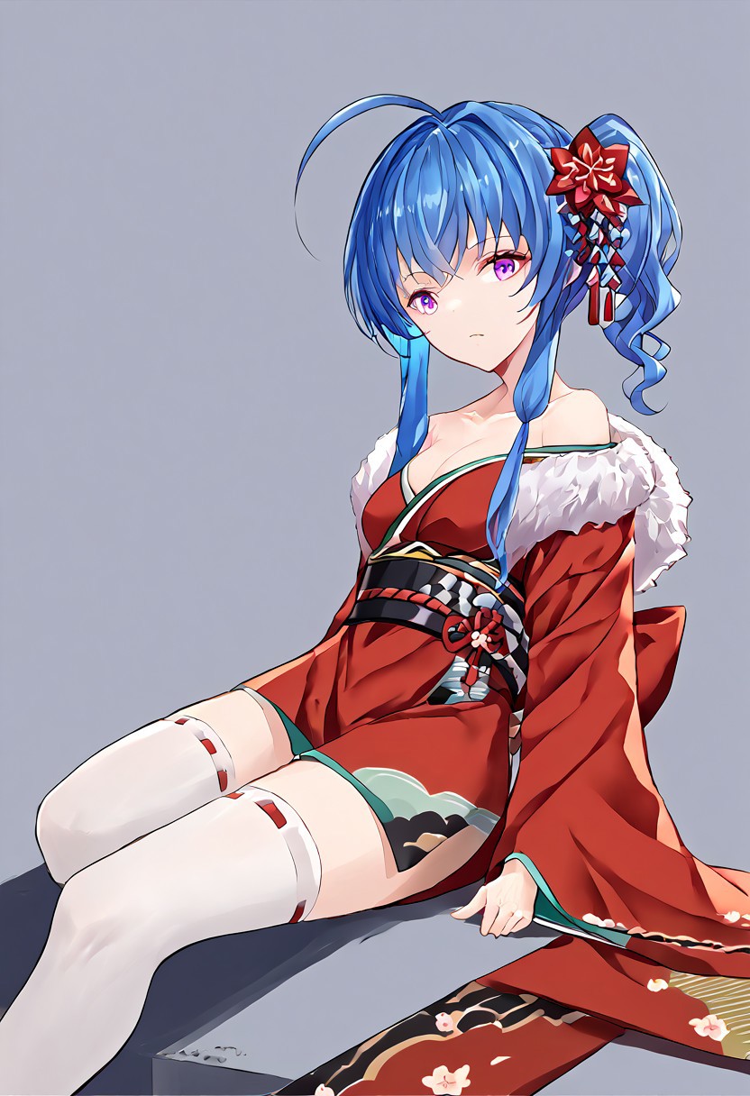 score_9, score_8_up, score_7_up, score_6_up, score_5_up, score_4_up, source_anime, 1girl, solo, 
mlslykt, blue hair, ahoge, purple eyes, side ponytail, long sidelocks, red kimono, short kimono, white thighhighs,fur boa, geta, obi, off-shoulder kimono, hair flower, hair ornament, red ribbon, wide sleeves, 
masterpiece, best quality, very aesthetic, absurdres,