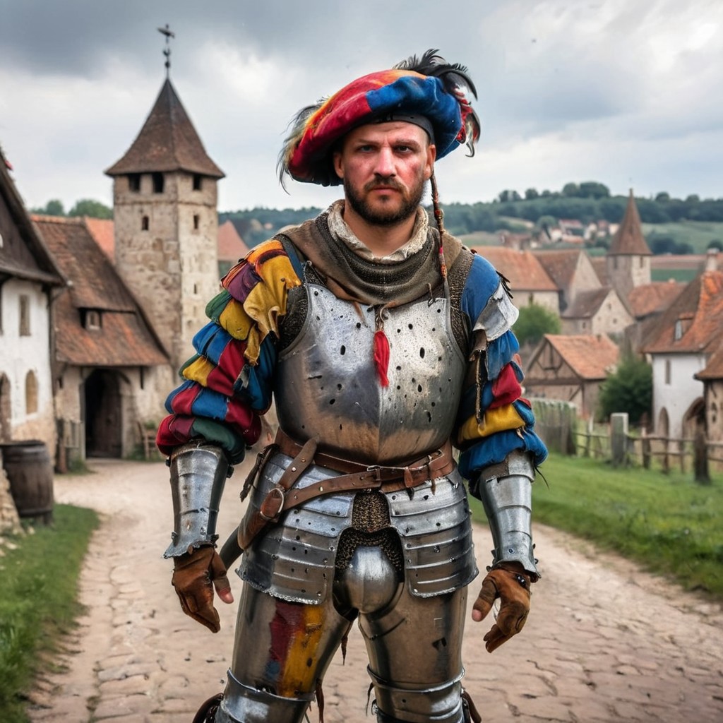 landsknecht, a man in shabby multi-colored clothes, worn chest armor, a very wide beret with many feathers, wide tattered sleeves with slits, medium shot, a stern face, a medieval village in the background, blurred background,