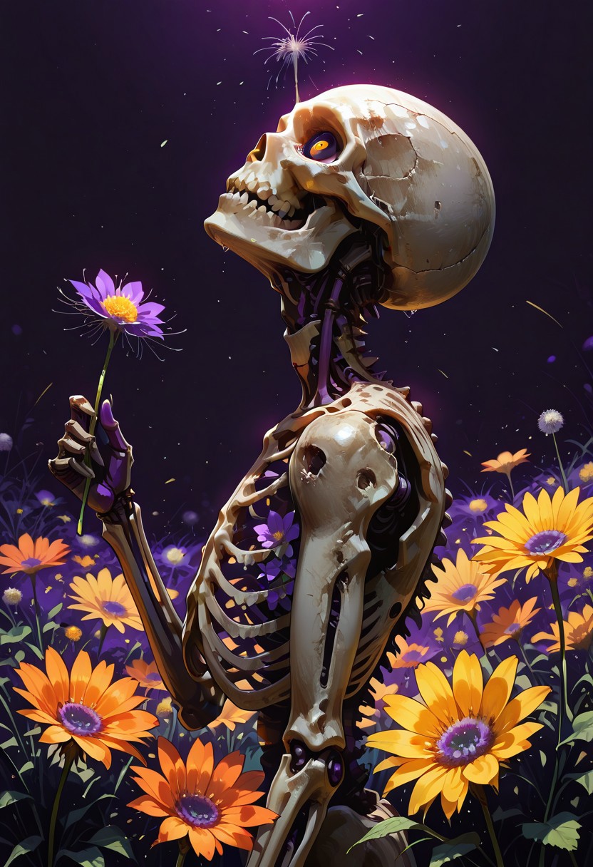 masterpiece,best quality,amazing quality,solo, holding, flower, from side, no humans, 1other, skull, yellow flower, purple flower, holding flower, skeleton, orange flower, dandelion, undead,looking up,
