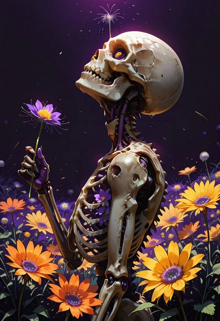 masterpiece,best quality,amazing quality,solo, holding, flower, from side, no humans, 1other, skull, yellow flower, purple flower, holding flower, skeleton, orange flower, dandelion, undead,looking up,