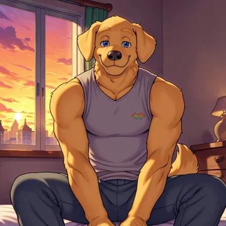 <lora:Travis_PeakeILLXL-05:0.7>, travis_(meesh), blue eyes, dog boy, golden retriever, short hair, 1boy, solo, looking at viewer, best quality, high quality, intricate details, (detailed eyes, detailed), detailed background, bedroom, lamp, window, sunset, clouds, inside, indoors, digital media, (soft shading), muscular male, bara, athletic build, pectorals, large pectorals, grey shirt, sleeveless, pants, smile, pose, posing, feet out frame, close-up