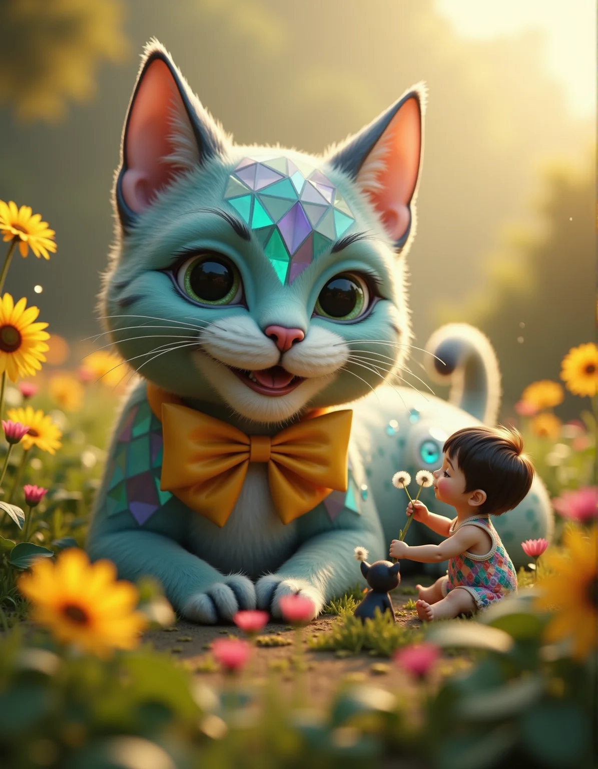 Ultra-stylized 3D cartoon render: A colossal, grinning feline with a geometric diamond-patterned coat (shimmering teal and lavender facets) and a oversized sunflower-yellow bow, lounging in a hyper-detailed garden where flowers bloom in Fibonacci spirals. A miniature child in a patchwork romper sits cross-legged, offering a dandelion puff to a tiny obsidian kitten. Golden-hour light filters through translucent petals, casting prismatic refractions on the catâs crystalline whiskers. Stylized as a hybrid of Studio Ghibli warmth and Art Nouveau curves, with subtle glow effects on dewdrops and floating pollen motes.
_________
dramatic beauty, otherworldly quality, soft lighting, shallow depth of field, high detail, dynamic composition, cinematic shot, film grain, balanced shadows, harmonic colors, emotional depth, symbolic meaning, innovative props/costumes, timeless elegance, modern themes, iconic imagery, unforgettable moment, captivating beauty, stunning impact, thought-provoking, artistic vision, masterful execution.
<lora:cinematic film IMAX70mm Filmstrip style v1:0.3> <lora:cheats:0.4> <lora:NOOB_vp1_detailer_by_volnovik_v1:0.5>