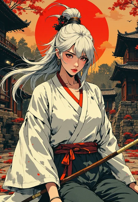 (Ink Style, A stunning illustration in high-quality anime style, stunningly beautiful and cool female samurai, wearing white kimono, her silky-like silver hair flowing the wind, crimson red eyes burn deeply, her gaze piercing like an arrow. sitting with confidently and cool expression, antique japanese temple on her background, extemely detailed, masterpiece, hig quality ), <lora:CPA:0.6>, <lora:Luminous_Shadowscape:0.8>, <lora:9mix:0.6>, <lora:RetroAnimeFluxV1:0.6>