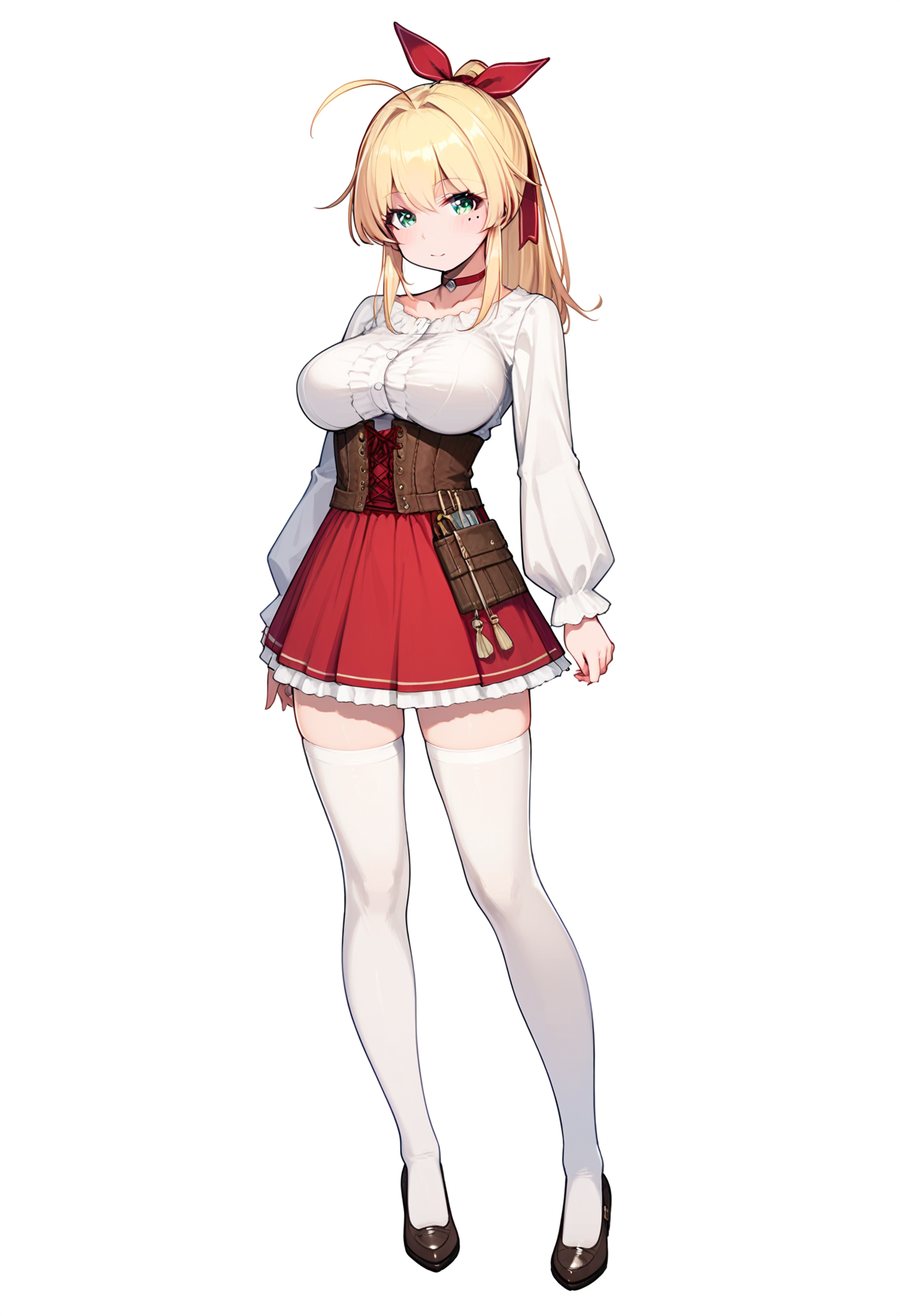 score_9, score_8_up, score_7_up,source_anime,rating_explicit,uncensored,anatomically correct,best perspective BREAK
1girl,  white background, 
solo, full body, standing, 
 <lora:MagetanoOfTheCurseofKubel:1> magetano\(thecurseofkubel)\, green eyes, blonde hair, ahoge, long hair, large breasts, mole, mole under eye,  choker, 
ponytail, ribbon, long sleeves, dress, underbust, red skirt, red ribbon, white thighhighs,