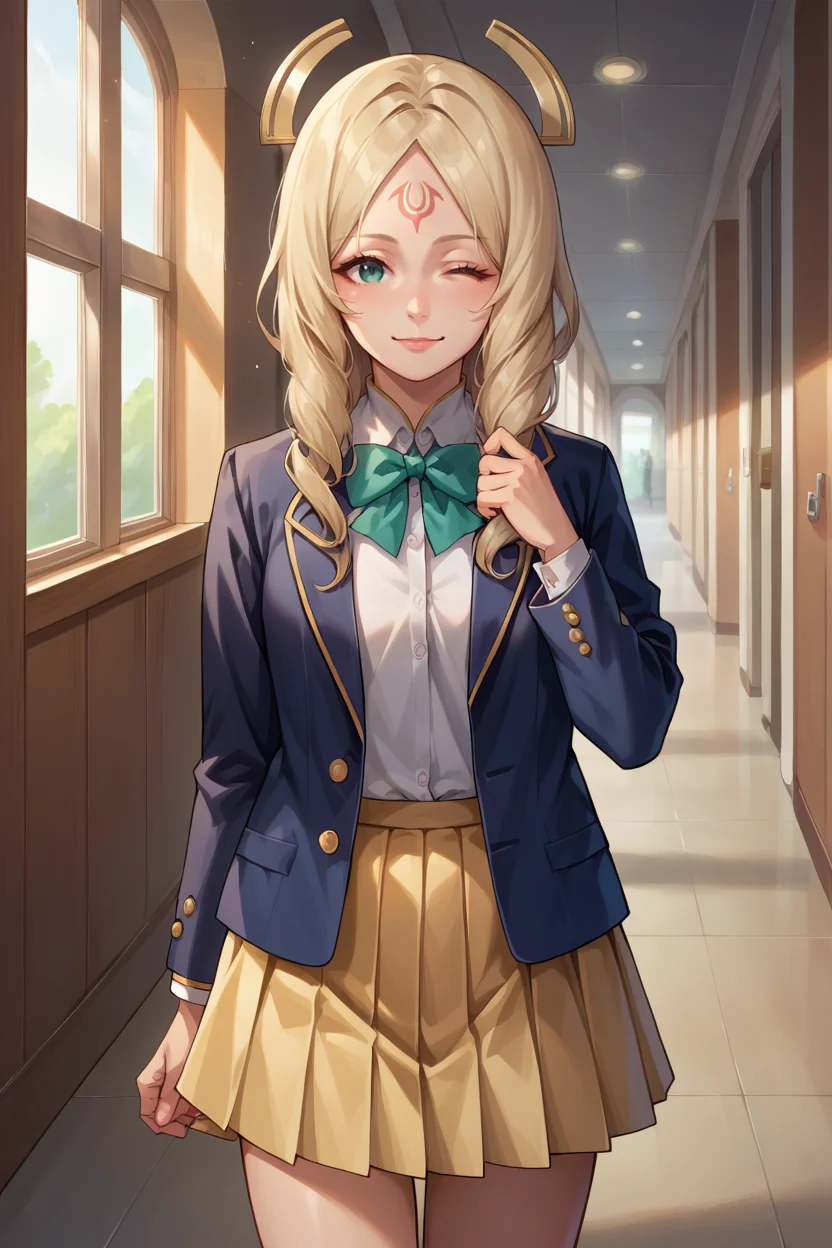 score_9, score_8_up, score_7_up, score_6_up, source_anime BREAK 1girl, solo, <lora:feemmeryn-pdxl-nvwls-v1-000006:1> emmeryn, blonde hair, forehead mark, hair ornament, white t-shirt, pleated skirt, blue blazer, bowtie, looking at you, wink, hallway