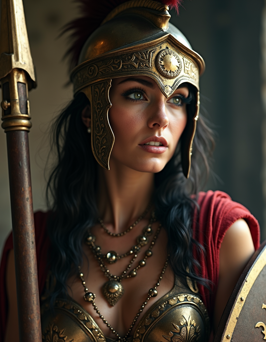 cinematic film still fantasy setting, beautiful ancient Roman goddess, Bellona,35yo, slim, warrior, roman helmet, rage, violence, ethereal, supermodel, spear, shield, wearing roman soldiers' armor, shoulder armour, detailed skin, skin pores, detailed face, jewelry, celestial, intricated skin, realistic, photorealistic, rim lights, dark shadows, cinematic scene  . shallow depth of field, vignette, highly detailed, high budget, bokeh, cinemascope, moody, epic, gorgeous, film grain, grainy