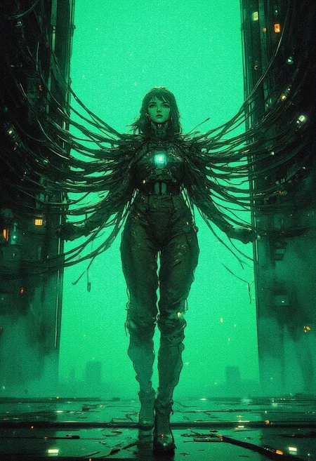 In the center of the image is a human figure surrounded by many dark wires that stretch in all directions and connect him to the surface. The stage is lit up in bright green-blue hues, creating a sci-fi atmosphere of technological symbiosis. The figure looks mysterious, as if immersed in some kind of energy network or is under the control of these cables. Around her is a foggy, dark environment, mystery