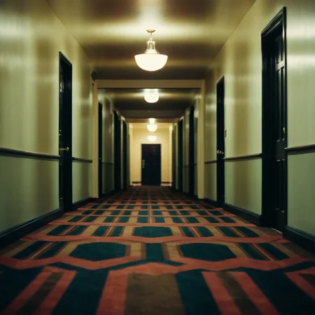 cinematic film still of <lora:perfection style:0.5> <lora:detailed:0.5> perfection detailed
<lora:The Shining film style:0.9>
a hallway with a carpeted floor and a door,indoors,no humans,door,carpet , cinematic, film, kodak, The Shining film style, shallow depth of field, vignette, highly detailed, high budget, bokeh, cinemascope, moody, epic, gorgeous, film grain, grainy