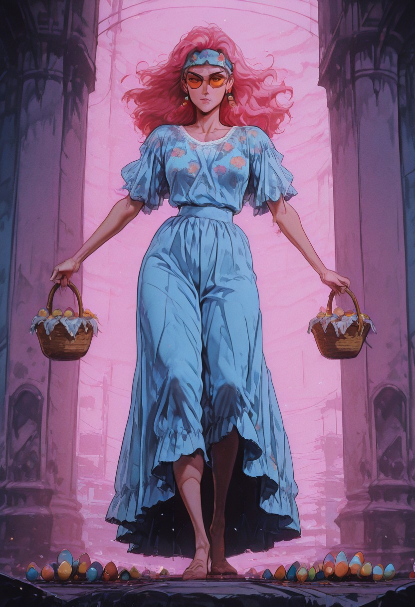 masterpiece, Shinkaistyle,
pinkretroanime, retro art,
Cyberpunk Style, cyberpunk, science fiction, hi tech, future tech, neon, (Cybernetics:1.25), (Neon Cityscape:1), (lineless:1.5), smooth edges, (lighten the face:1.5), tall body, slender body, fit body, long legs, 1girl, (20 years old:1.9), In the image, a young anime-style woman stands in a whimsical Easter setting, surrounded by a bounty of colorful Easter eggs. She is dressed in a pastel blue dress adorned with white lace and a matching blue headband, adding to her springtime charm. The dress has short sleeves and features a delicate floral pattern. A white apron with red stitching adds a touch of homeliness to the outfit. The woman is holding a wicker basket overflowing with Easter eggs, each one painted in vibrant shades of yellow, pink, blue, and green.