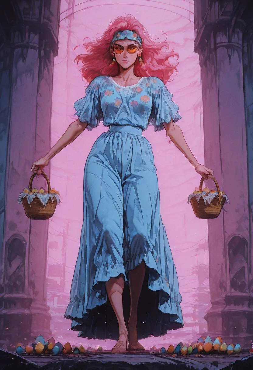 masterpiece, Shinkaistyle,
pinkretroanime, retro art,
Cyberpunk Style, cyberpunk, science fiction, hi tech, future tech, neon, (Cybernetics:1.25), (Neon Cityscape:1), (lineless:1.5), smooth edges, (lighten the face:1.5), tall body, slender body, fit body, long legs, 1girl, (20 years old:1.9), In the image, a young anime-style woman stands in a whimsical Easter setting, surrounded by a bounty of colorful Easter eggs. She is dressed in a pastel blue dress adorned with white lace and a matching blue headband, adding to her springtime charm. The dress has short sleeves and features a delicate floral pattern. A white apron with red stitching adds a touch of homeliness to the outfit. The woman is holding a wicker basket overflowing with Easter eggs, each one painted in vibrant shades of yellow, pink, blue, and green.