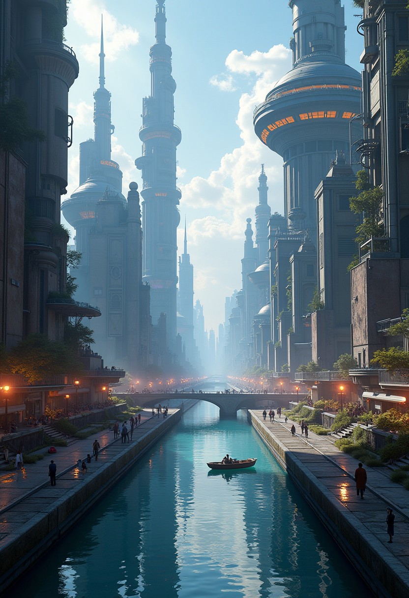 A digital artwork in the style of cknc, a canal running through a futuristic sci-fi cityscape, towers and skyscrapers, domes, people